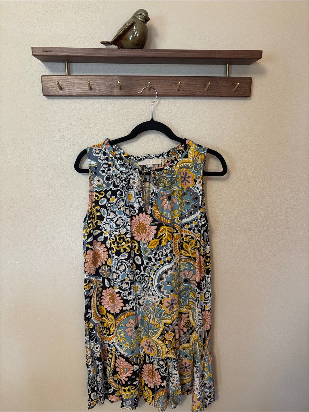 LOFT Sleeveless Paisley Floral Tie-Neck Mini Dress- Black, Yellow, Blue & Pink
